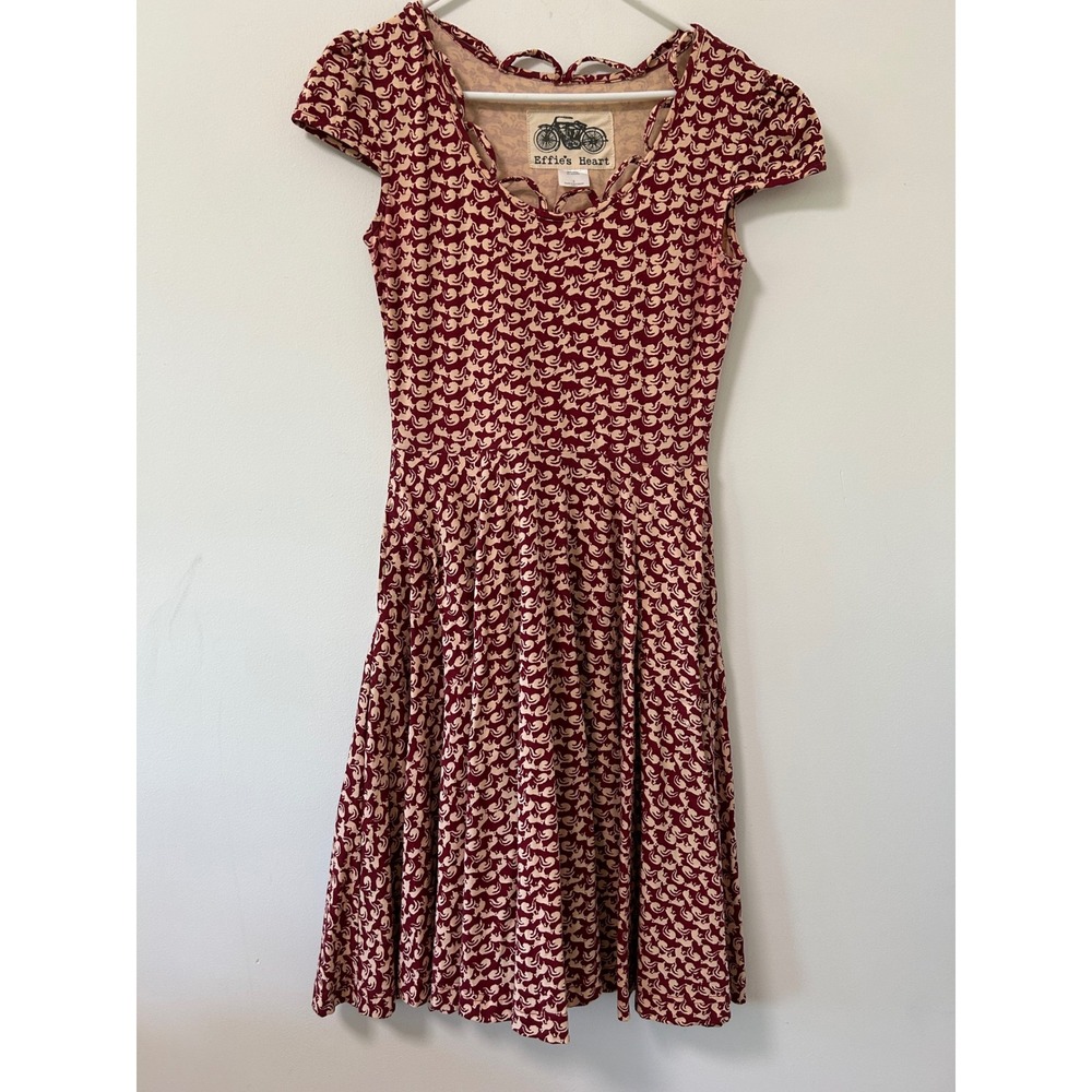 Effie's Heart Burgundy Squirrel Print Fit and Flare Dress Pockets Small